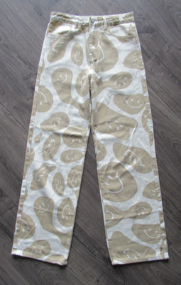 NWOT Bailey Rose 4393 Smiley Face Pants Women s S Beige & Cream Wide Leg Jeans
