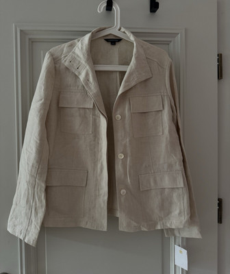 Lands' End Damen Jacke beige 100% Leinen Gr. 10 kurz Knopf Taschen Langarm