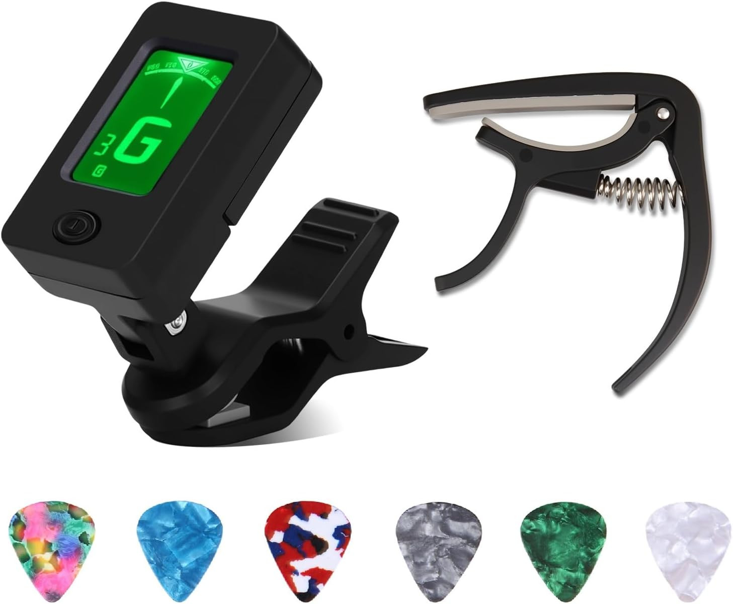 Guitar Tuner and Guitar Capo Set with 6 Celluloid Picks (0.46Mm) - Clip-On Digit