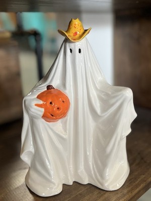Vintage Halloween Lighted Ceramic Ghost w/ Jack O Lantern Sammy
