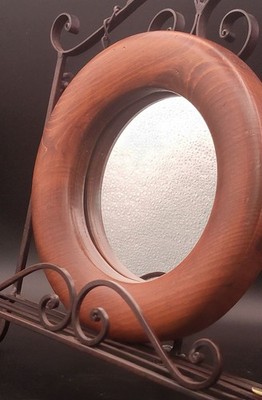 Vintage Round Wooden Framed Mirror With Carved Details & Rustic Charm signed dat