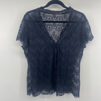 The Limited Lace Blouse Womens XL Black V-Neck Short Sleeve Sheer Floral Elegant