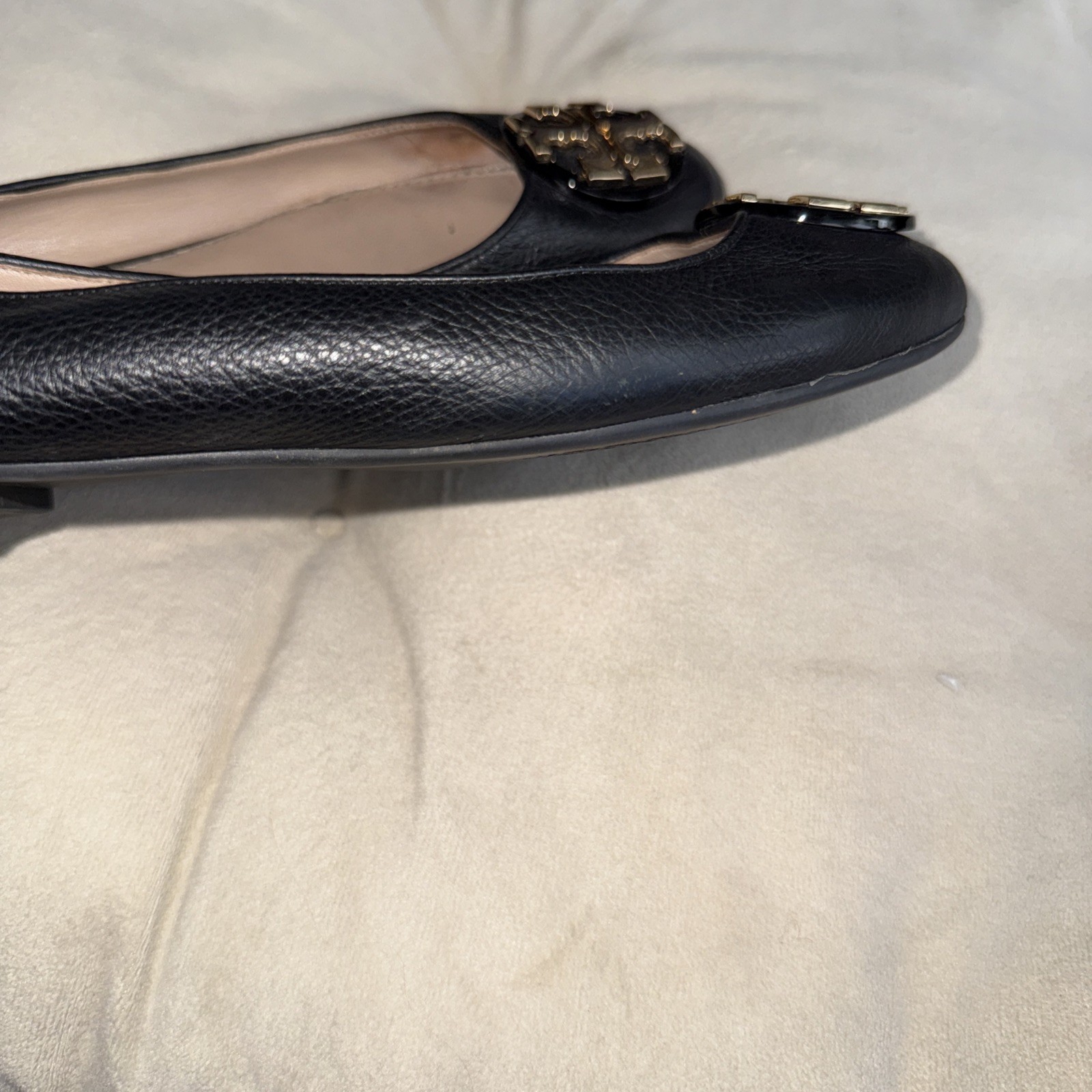 Tory Burch Claire Pebbled Leather Ballet Flat Gold Logo Black 7.5.  4634 thumbnail 9