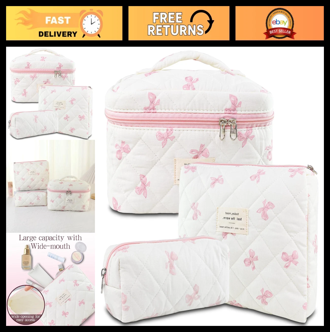 3 Pc Quilted Floral Cotton Makeup Bag Set Travel Cosmetic Pouch