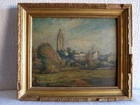 Antique Painting Landscape Rural Village View