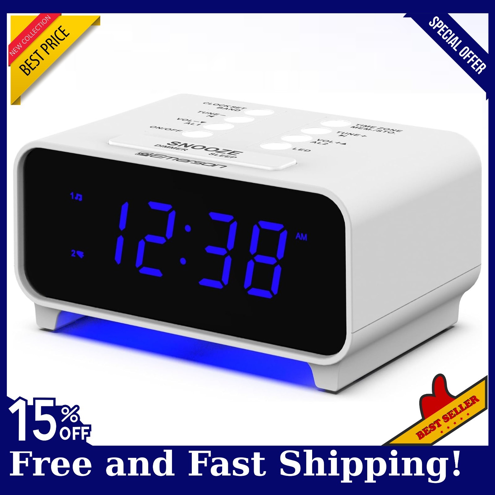 Emerson SmartSet Dual Alarm Clock Radio AM FM Radio Dimmer Sleep Timer Blue LED
