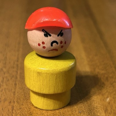 Fisher Price Little People Angry Boy Yellow Wooden Body Red Cap #930 Garage 1971