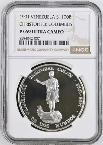 1100 Bolivares 1991 Christopher Columbus, Venezuela NGC PF 69 Ultra Cameo