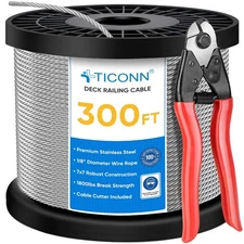 TICONN 1/8" Black Stainless Steel Deck Railing Cable 300ft with Cutter, Premium 