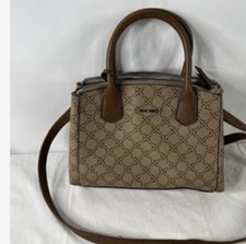 Nine West Brown Monogram Satchel 3 Compartments Zip Bag Faux Leather