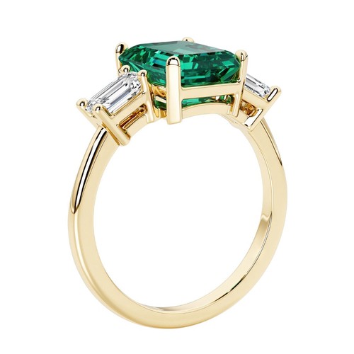 14k Gold 2 Ct Emerald Cut Lab Grown Emerald & Diamond 3-Stone Ring for Women - Picture 4 of 8