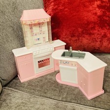 Vintage 1996 Barbie Pink  White Kitchen Stove With Hood and Counter And Sink