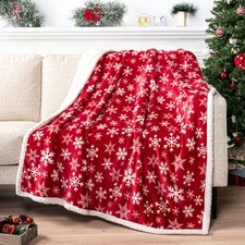Red Snowflake Christmas Sherpa Throw Blanket, Ultra Soft Reversible Fleece Sh...