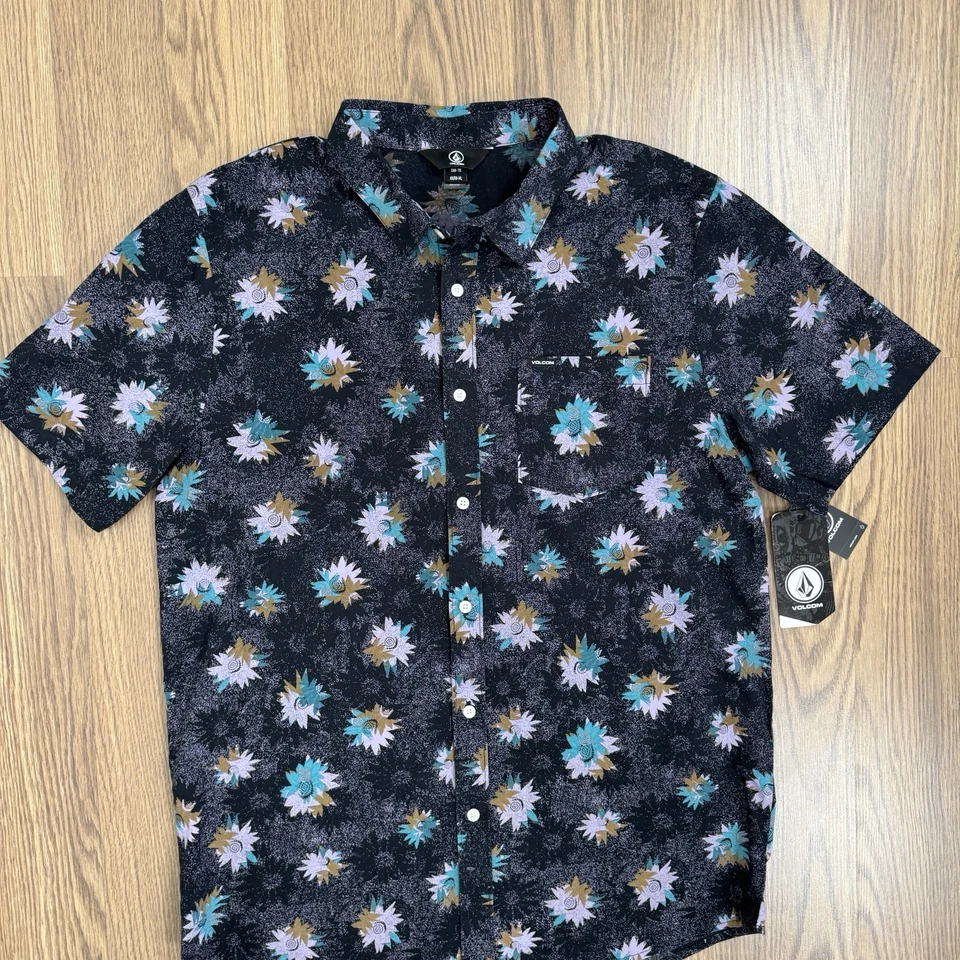 NEW Volcom Shirt Mens XL Blue Floral All Over Print Camp Button Up Resort Retro - Image 2 of 4