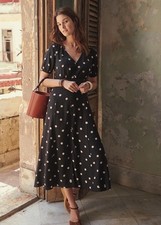 Sezane Women’s Sollie Silk Polka Dot Black Button Front Lined Midi Dress Size 36