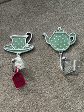 Bombay Duck Metal Hook Set. Teacup And Teapot Wall Hook Set. Mint Green. New