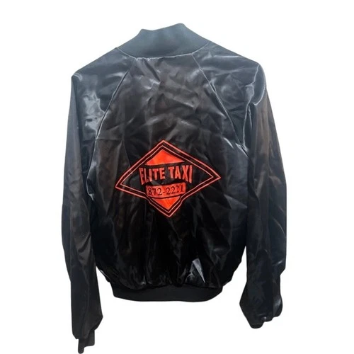 Vintage Satiny Nylon Elite Taxi Jacket VTG Black Coat Orange Logo Lined Small video thumbnail