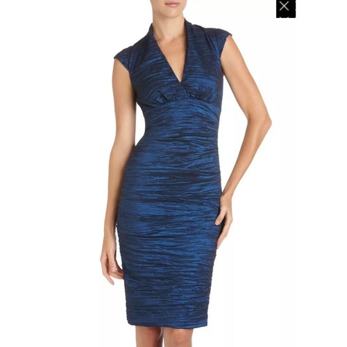 Nicole Miller Astor Techno Crinkle Sheath Cocktail Party Dress Blue Metallic 8