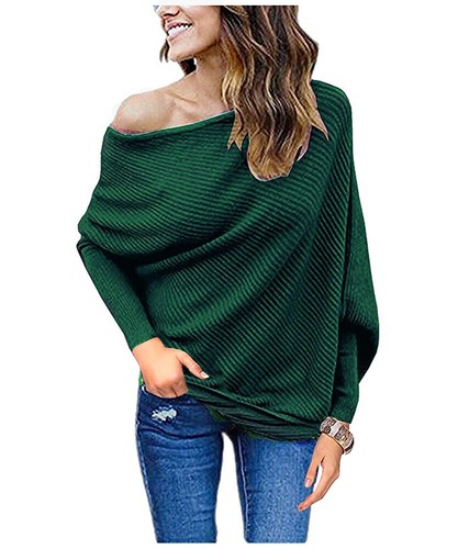 Damen Off Shoulder Fledermausärmel Lose Pullover Pulli Strickpullover Oversize - Bild 22 von 23