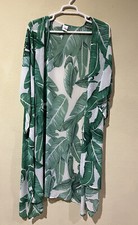 Tropical Palm Leaf Print Green White Long Kimono Top Duster Cover Up Sheer V1