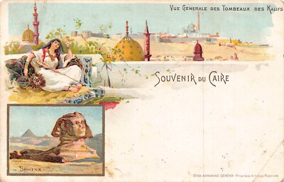 A622 Egypt Cairo Souvenir du Caire Ethnic Girl Mandolin Sphinx Litho postcard