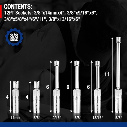 WORKPRO Magnetic Swivel Spark Plug Socket 6PCS Set 9/16"-13/16" 14MM 12PT Socket - Picture 4 of 11