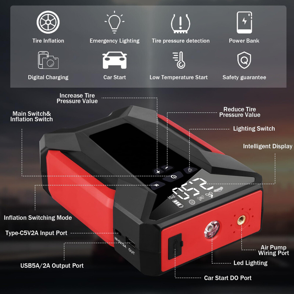 10000mAh KFZAuto Kompressor Luftpumpe Booster Powerbank Starthilfe Jump Starter