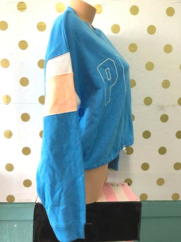 Victoria's Secret Pink Cropped Pullover Sweatshirt Aqua Blue Logo NWT - Picture 2 of 3