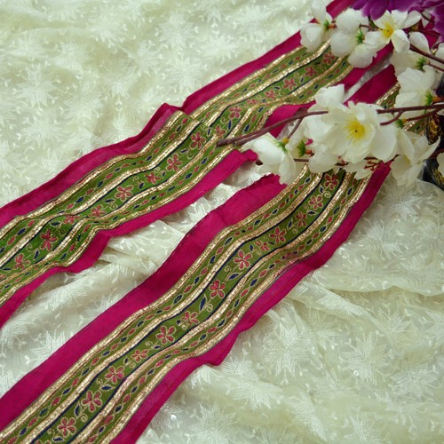 Indian Vintage Pink Saree Border Hand Embroidered Gota Patti 1yd Craft Trim Lace