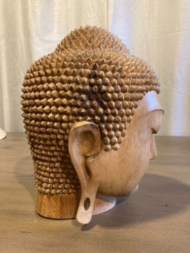 Buddha Head Sculpture Bali Religious Wood Carving Meditating Handcrafted Art - Picture 5 of 11