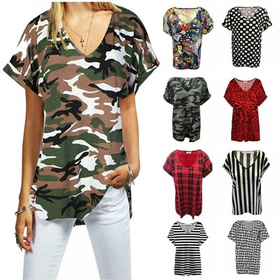 Damen T Shirt Damen Bedruckt Oversize Baggy Locker V Ausschnitt Turn Up Fledermaus Oberteil.