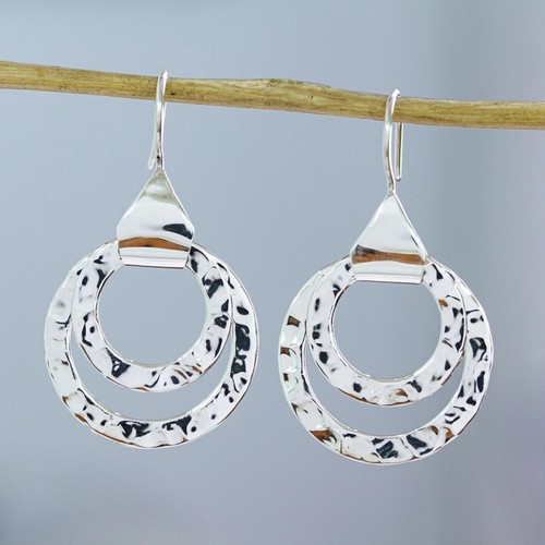 Hammered Abstract Rings Dangle Earrings 925 Silver Handmade Gift from India