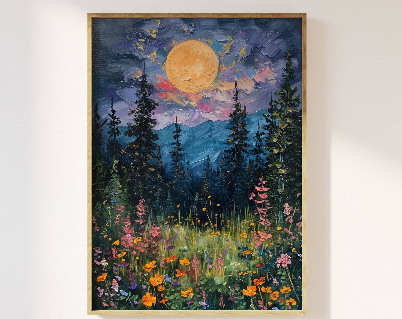 Moon Above The Wildflowers And Woodland Art Print Full Moon Above Nature Oil