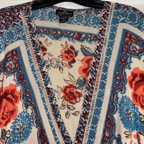 Angie Open Kimono Floral Rose 2X Turquoise Pink Lightweight Topper Boho Coverup - Picture 4 of 10