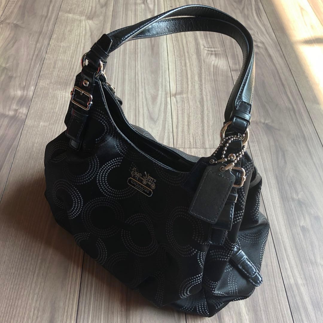 COACH Madison Maggie Op Art Shoulder Bag Black Blue Canvas Authentic Rare image 4