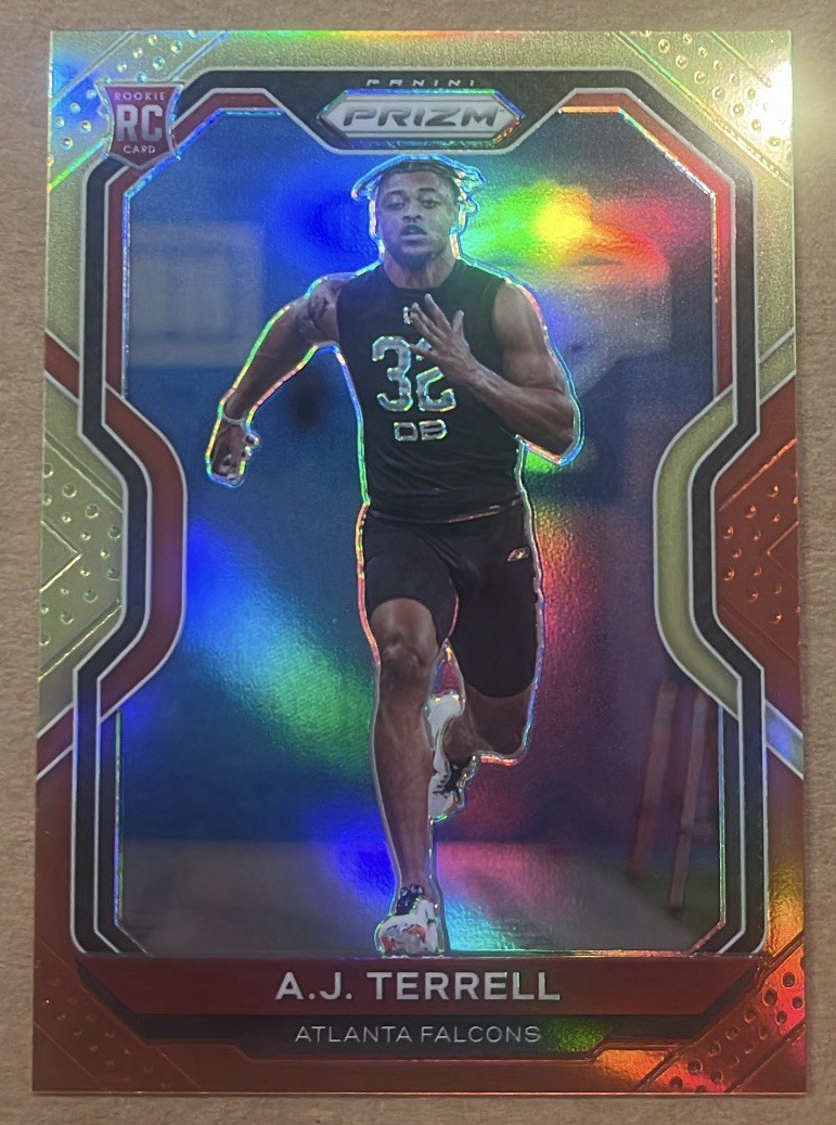 2020 PANINI PRIZM A.J. TERRELL RED & YELLOW REFRACTOR 1/8 ROOKIE RC #346 FALCONS