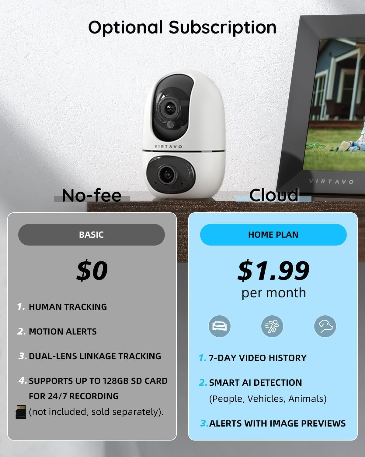virtavo XD1 Indoor Security WiFi Camera, Wireless, Dual-Lens 360° PTZ Baby Monit