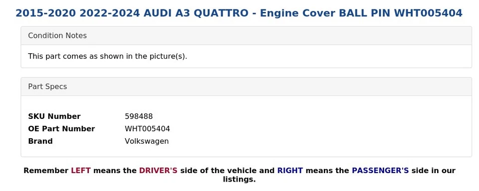 AUDI A3 QUATTRO 2015-2020 2022-2024 - Cubierta motor pasador bola wht005404 Foto 4 de 4