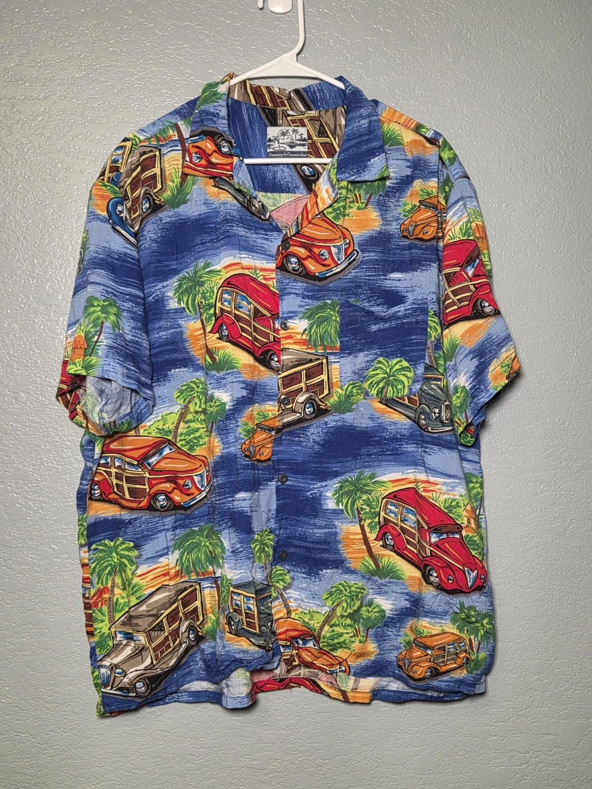 Pineapple Connection Shirt Mens Blue Hawaiian Woody Car Aloha Print Chest 52 in