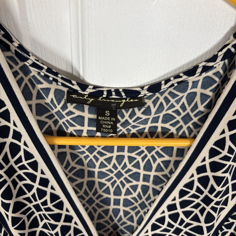 City Triangles Geometric Babydoll Dress Women’s S Boho Navy Cream Midi Y2K - Image 4 of 4