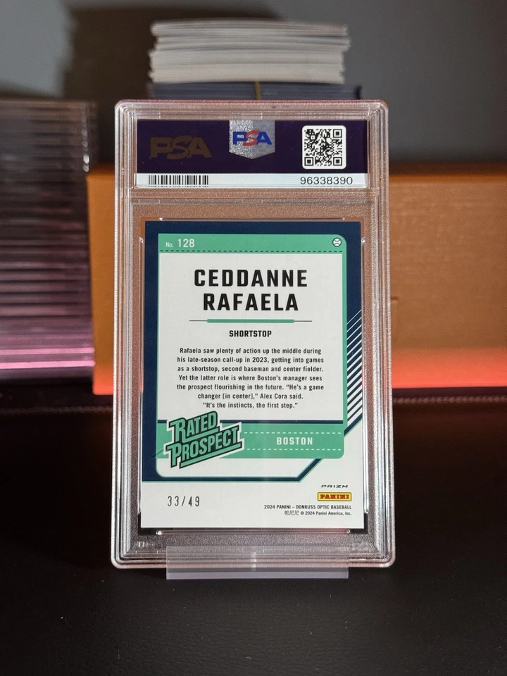 2024 Panini Donruss Rated Prospect Ceddanne Rafaela #128 Optic Purple /49 PSA 10 - Image 2 of 2
