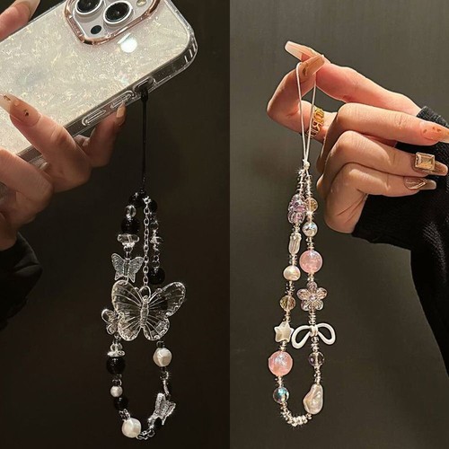 Y2K Clear Bead Phone Strap Bowknot Wrist Short Rope Phone Bag Accessories