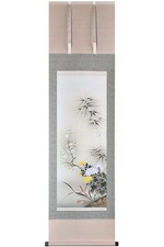 Japanese Kakejiku Hanging Scroll Four Gentlemen Flower Bird Painting 17.5x64.6in