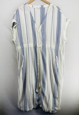GAP Dress L Kaftan Flax Linen Blend Striped Blouson Midi Cinched Cover Up White