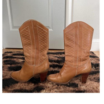Vintage NINE WEST Camel Leather Western Boots Wood Block Heel Brazil Boho 8B