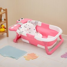 Pink Foldable Baby Bath Tub with Temperature and Cushion Bath Pad Ergonomic