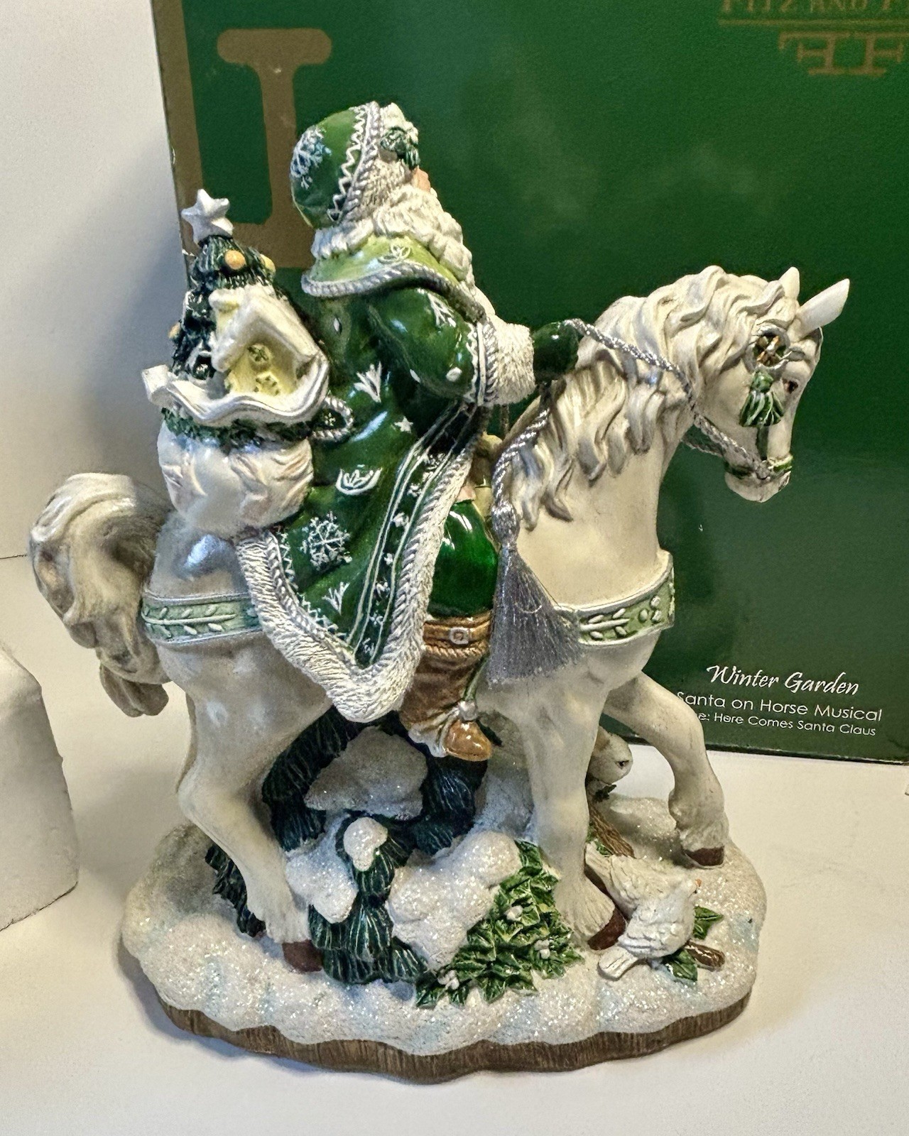 Fritz and Floyd Christmas Winter Garden Santa on a Horse Musical Green IOB