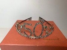 50th Tiara Crown Princess Hair Metal Rhinestone Birthday Babeyond Party W/box