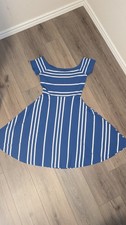 LOFT Blue White Striped Fit & Flare Knit Dress Cowl Neck Cap Sleeve M