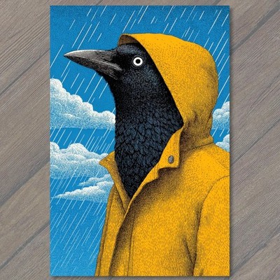 ART PRINT Bird Crow Raven Yellow Raincoat Hoodie Rain Humor Blue Sky Clouds